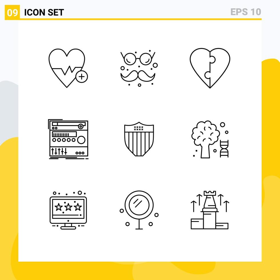 Group of 9 Modern Outlines Set for shield studio couple sound component Editable Vector Design Elements
