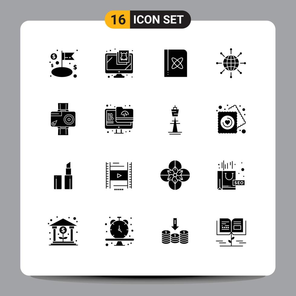 Pictogram Set of 16 Simple Solid Glyphs of camera earth book world connect Editable Vector Design Elements
