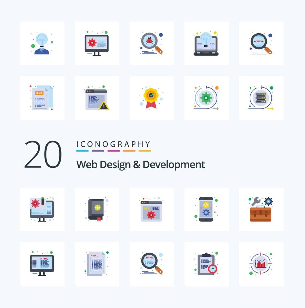 20 paquetes de iconos de color plano de diseño y desarrollo web como desarrollo de aplicaciones de diseño de codificación móvil vector