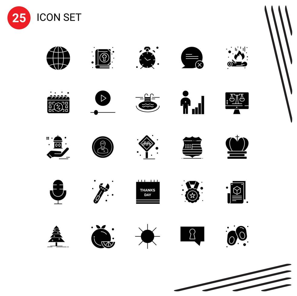 Group of 25 Solid Glyphs Signs and Symbols for bonfire cross alarm communication alert Editable Vector Design Elements