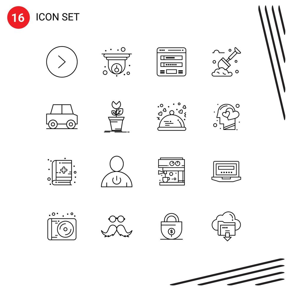 Modern Set of 16 Outlines Pictograph of car plants form labour spade Editable Vector Design Elements