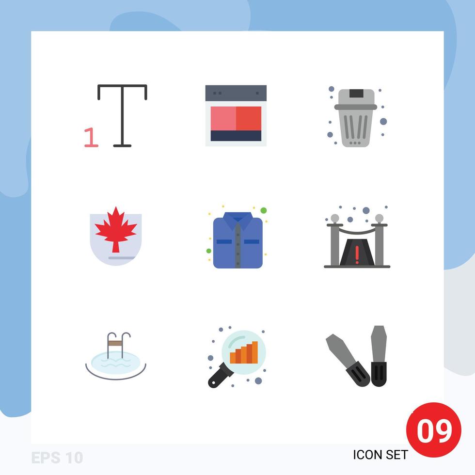 conjunto moderno de 9 colores planos pictograma de escudo de camisa elementos de diseño vectorial editables de seguridad de Canadá vector