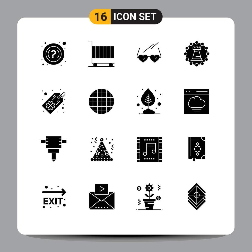 Solid Glyph Pack of 16 Universal Symbols of tag rook glasses tower castle Editable Vector Design Elements