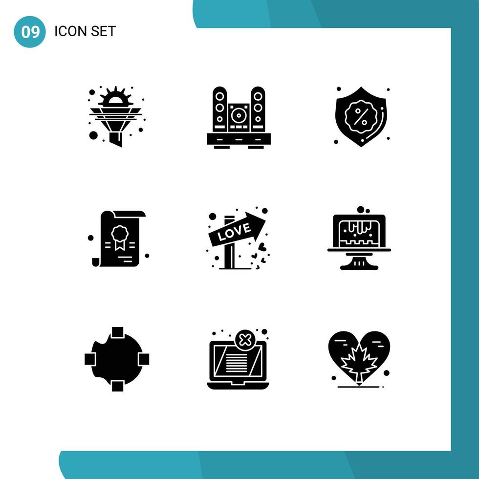 Pack of 9 creative Solid Glyphs of direction diploma living certificate discount Editable Vector Design Elements