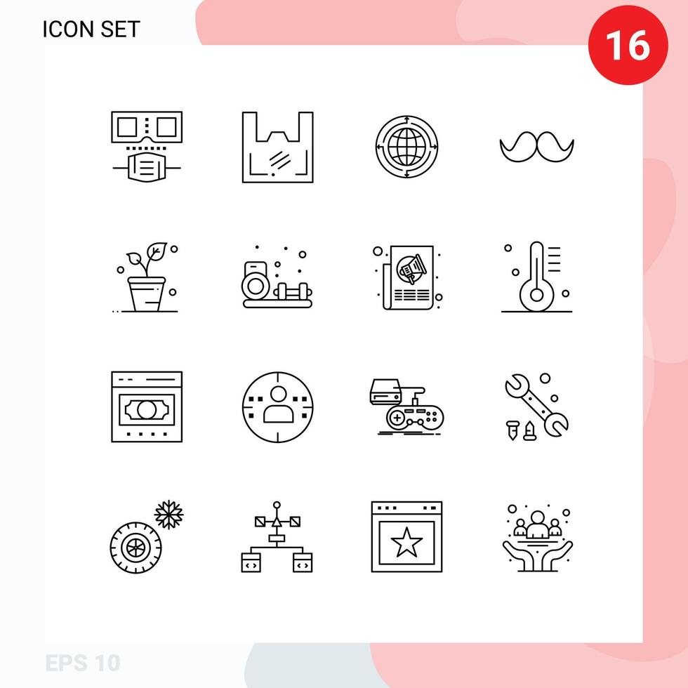 16 Universal Outlines Set for Web and Mobile Applications male hipster globe moustache global Editable Vector Design Elements