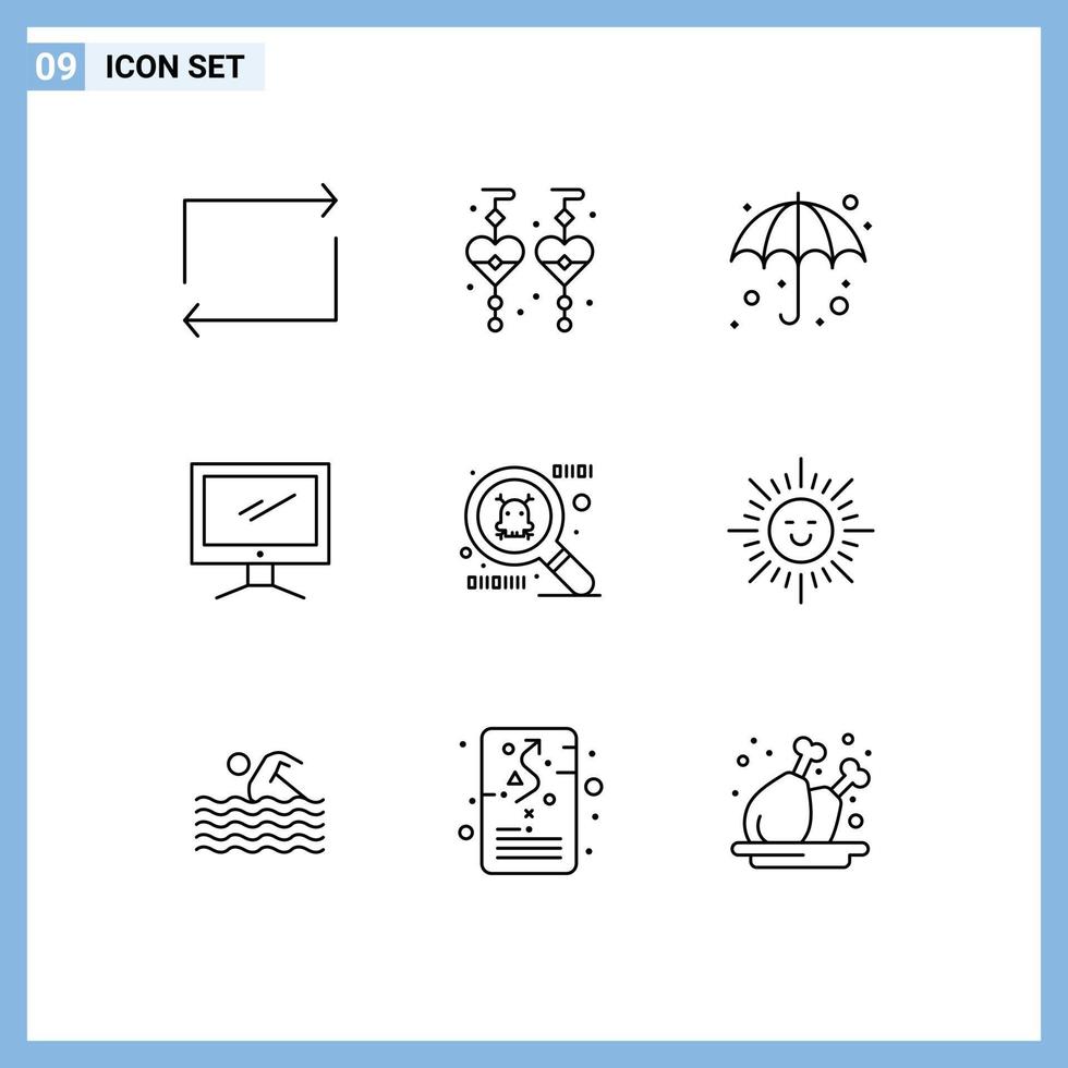 Outline Pack of 9 Universal Symbols of shinning spy ware weather pc device Editable Vector Design Elements