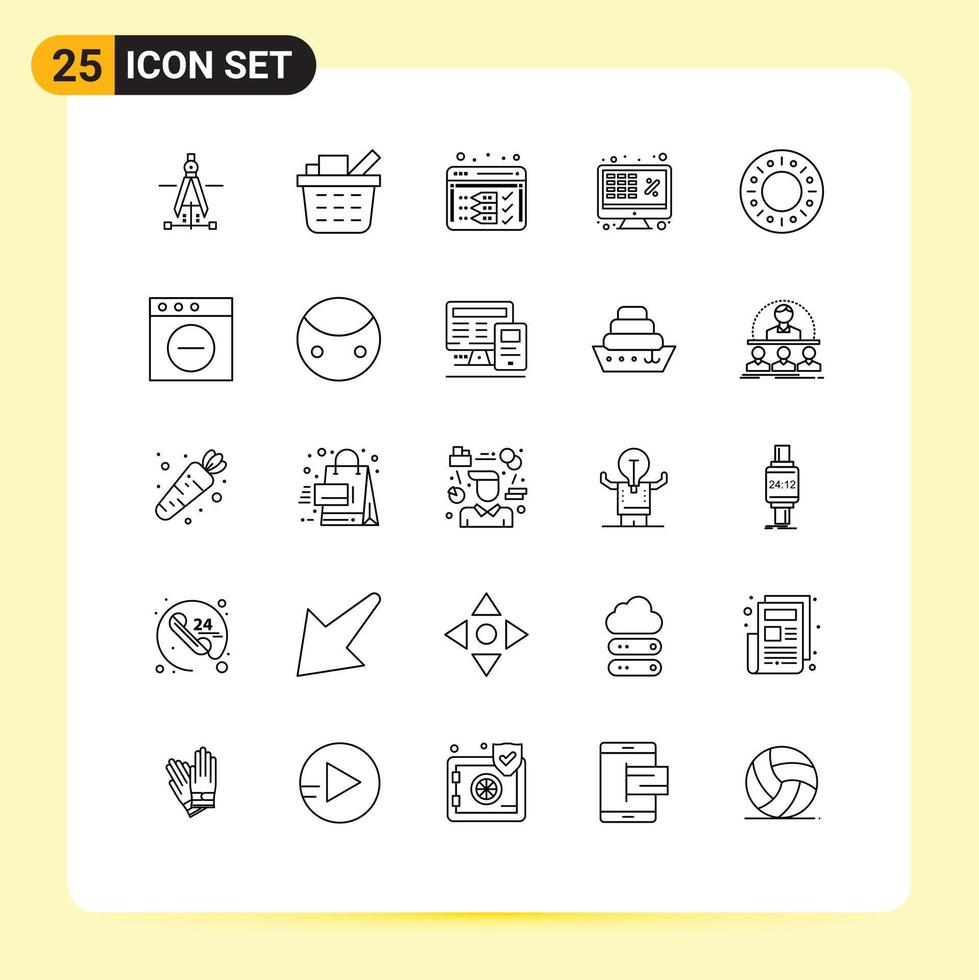 Line Pack of 25 Universal Symbols of doughnut money development laptop excel Editable Vector Design Elements