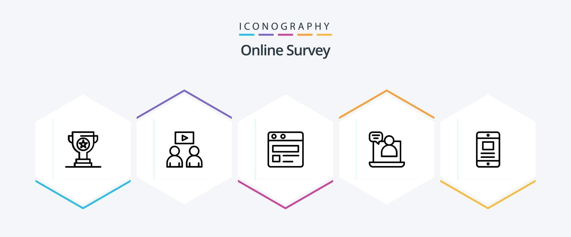 Online Survey 25 Line icon pack including meeting. chat . video. business . web page vector
