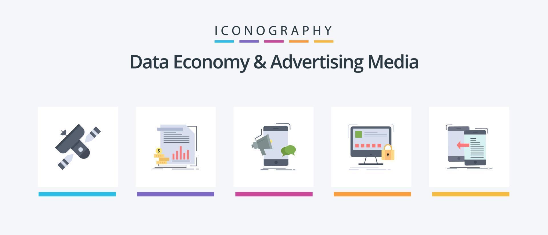 Data Economy And Advertising Media Flat 5 Icon Pack Including lock. protect. information. promotion. mobile. Creative Icons Design vector
