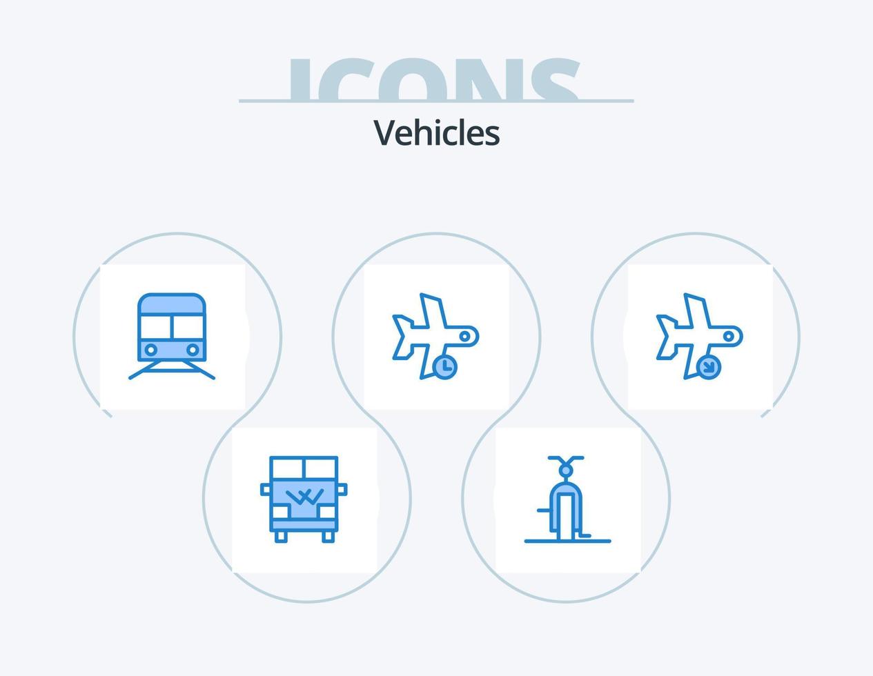 vehículos icono azul paquete 5 diseño de iconos. transporte. vuelo. vehículos demora. transportación vector