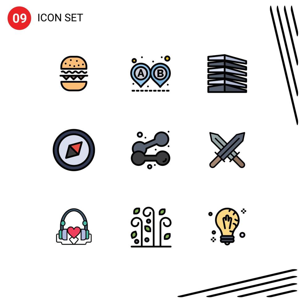 Filledline Flat Color Pack of 9 Universal Symbols of weightlifting exercise building dumbbell estate Editable Vector Design Elements