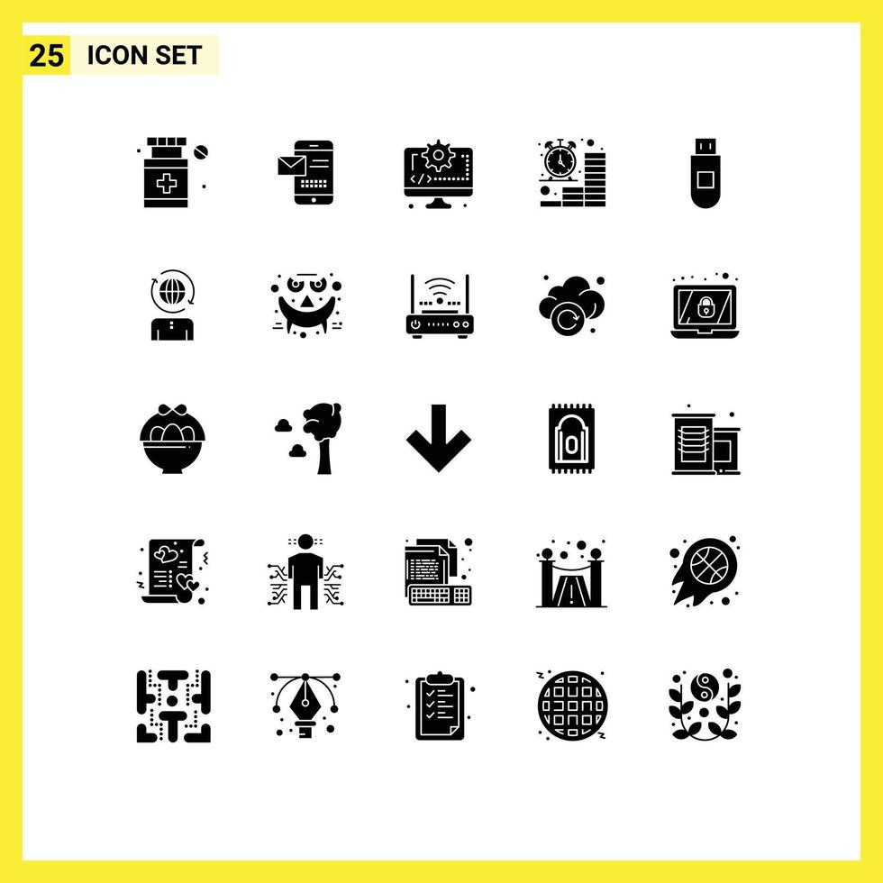 Solid Glyph Pack of 25 Universal Symbols of usb finance computer coins business Editable Vector Design Elements