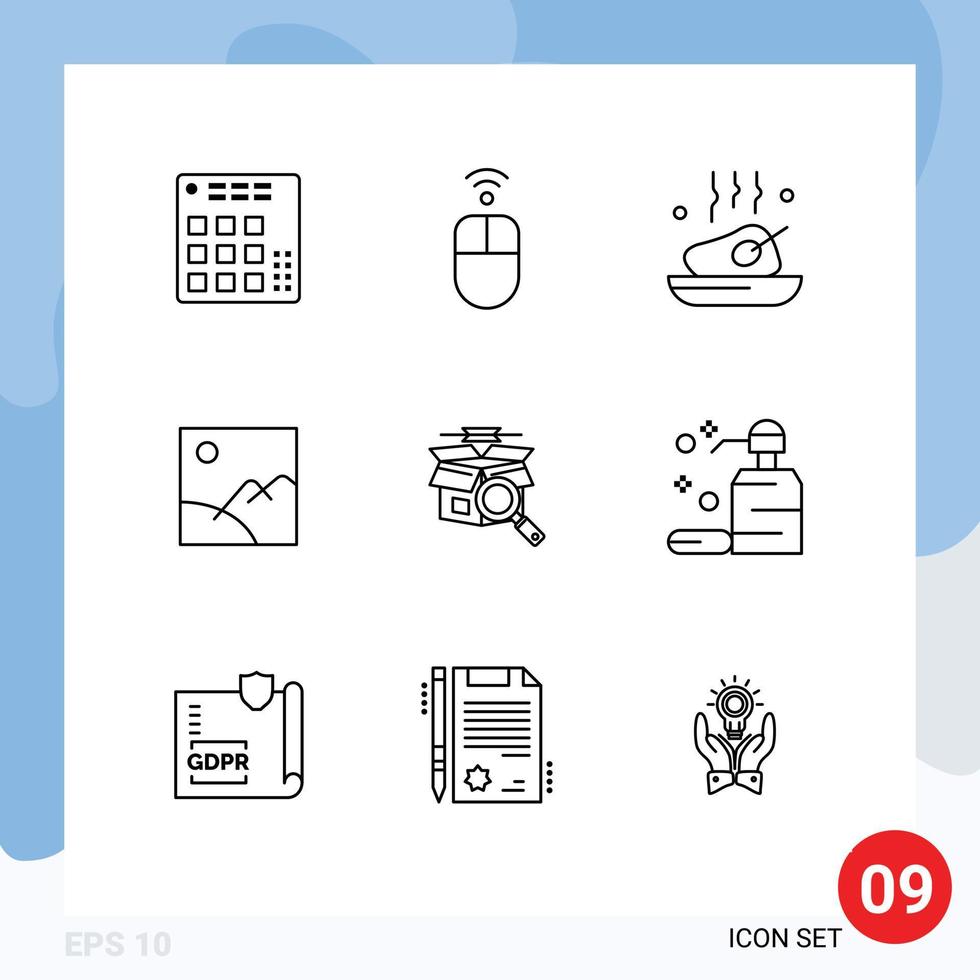 Universal Icon Symbols Group of 9 Modern Outlines of sun gallery wireless image meal Editable Vector Design Elements