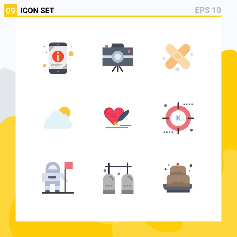 9 Universal Flat Color Signs Symbols of heart pen bandage cloudy cloud Editable Vector Design Elements
