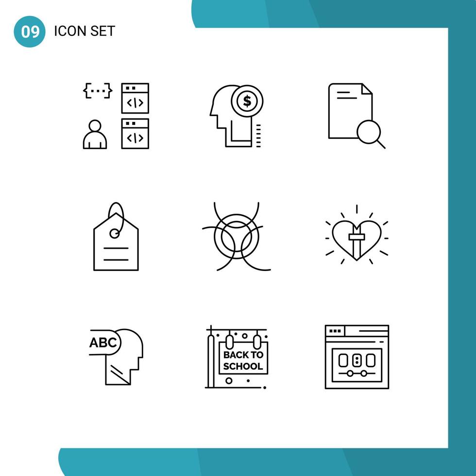 Modern Set of 9 Outlines Pictograph of danger price thinking money document Editable Vector Design Elements