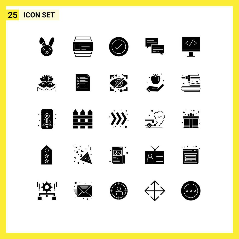 Modern Set of 25 Solid Glyphs Pictograph of carnival mask monitor ux computer message Editable Vector Design Elements