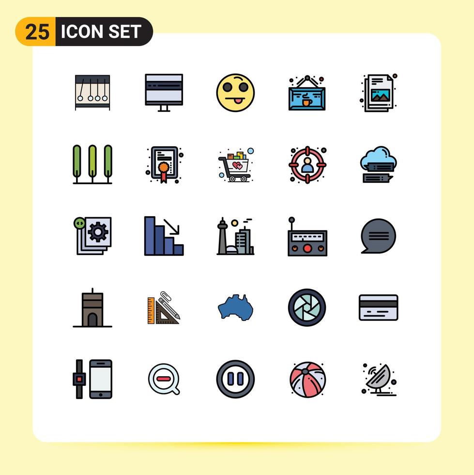 Mobile Interface Filled line Flat Color Set of 25 Pictograms of document cup news coffee drink Editable Vector Design Elements