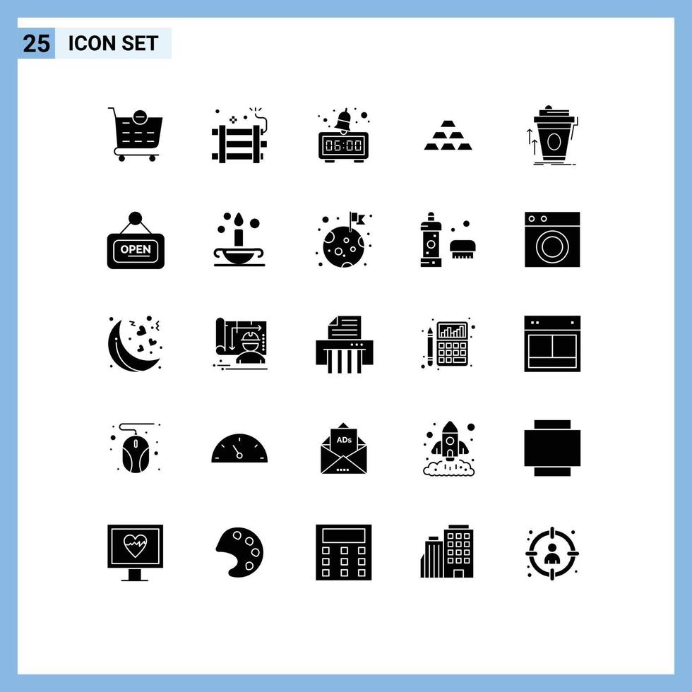 Mobile Interface Solid Glyph Set of 25 Pictograms of wealth money alarm golden bars Editable Vector Design Elements