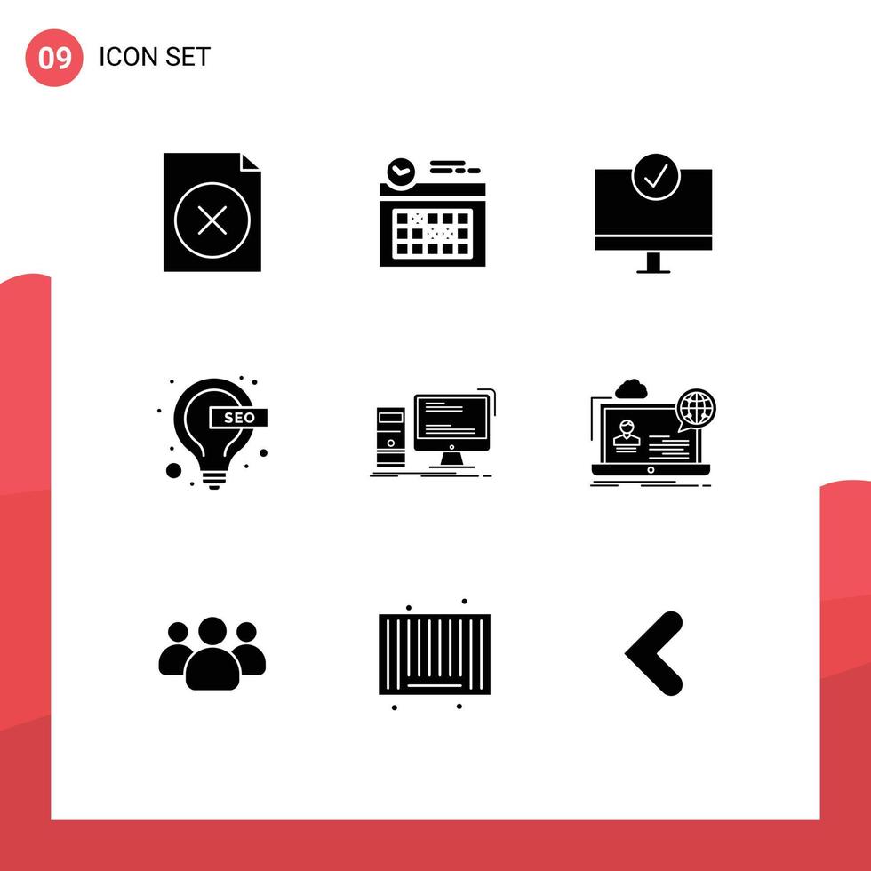 Modern Set of 9 Solid Glyphs Pictograph of desktop seo connected lamp bulb Editable Vector Design Elements