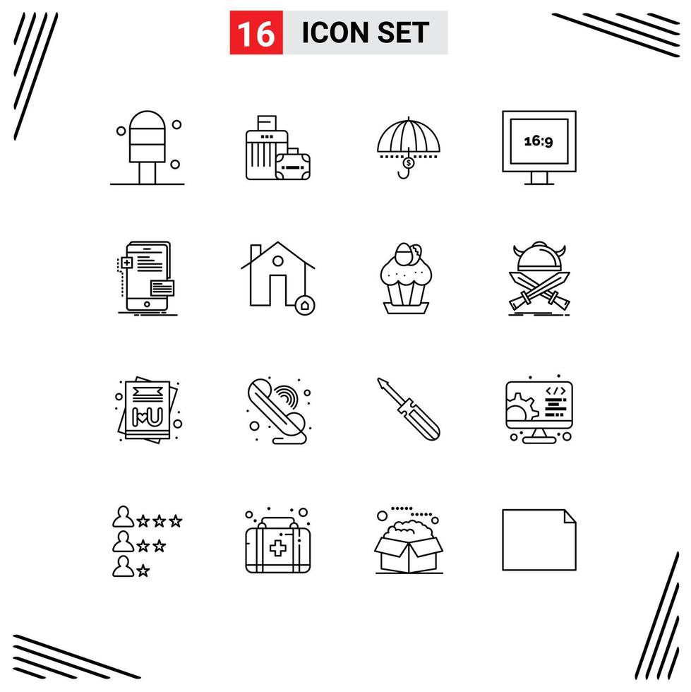 Group of 16 Modern Outlines Set for frontend display financial aspect ratio security Editable Vector Design Elements