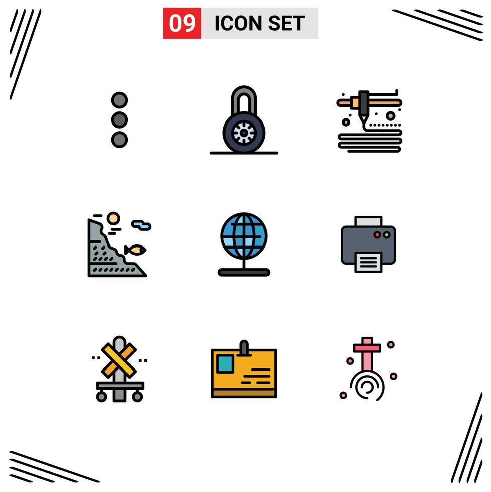 9 Thematic Vector Filledline Flat Colors and Editable Symbols of printer stand under navigation fishing Editable Vector Design Elements