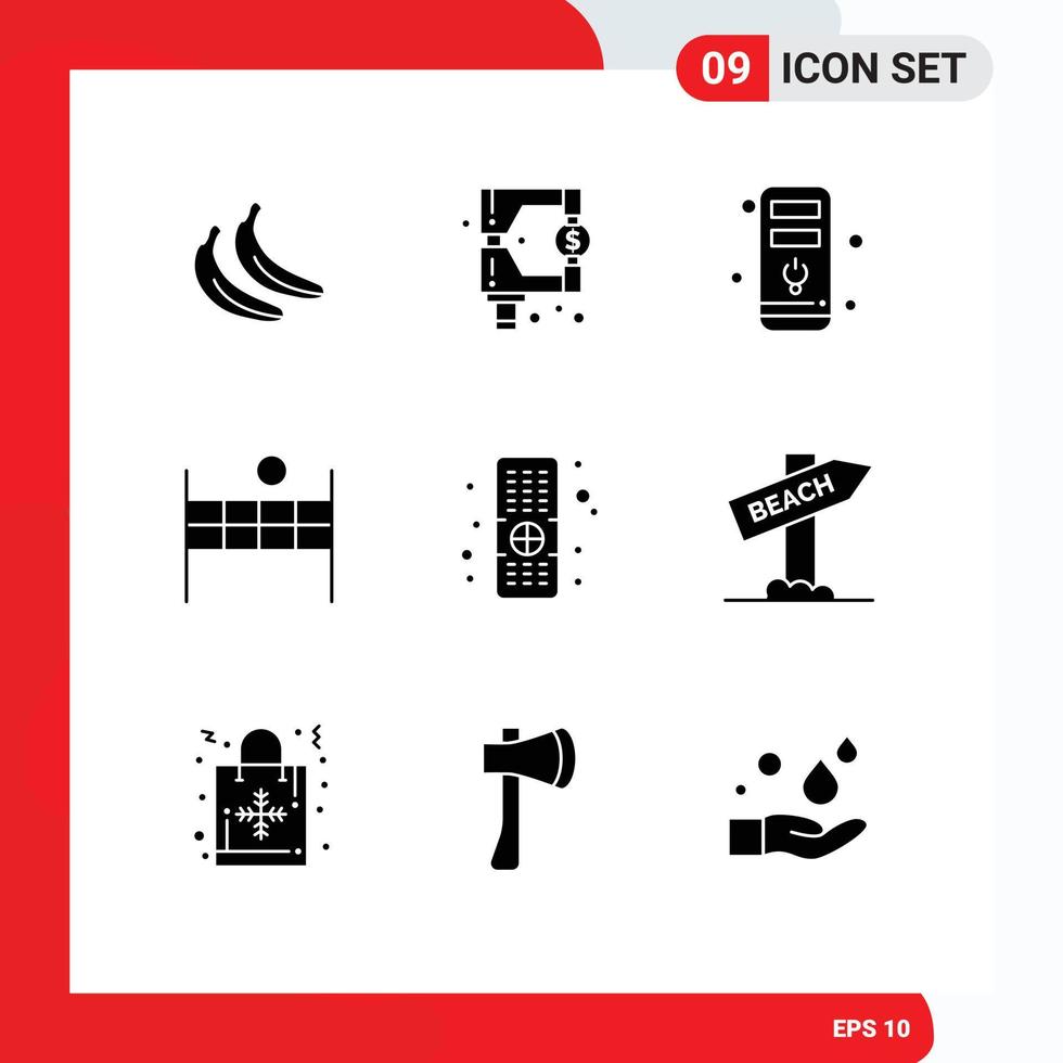 Set of 9 Commercial Solid Glyphs pack for sign tv cpu remote volleyball Editable Vector Design Elements