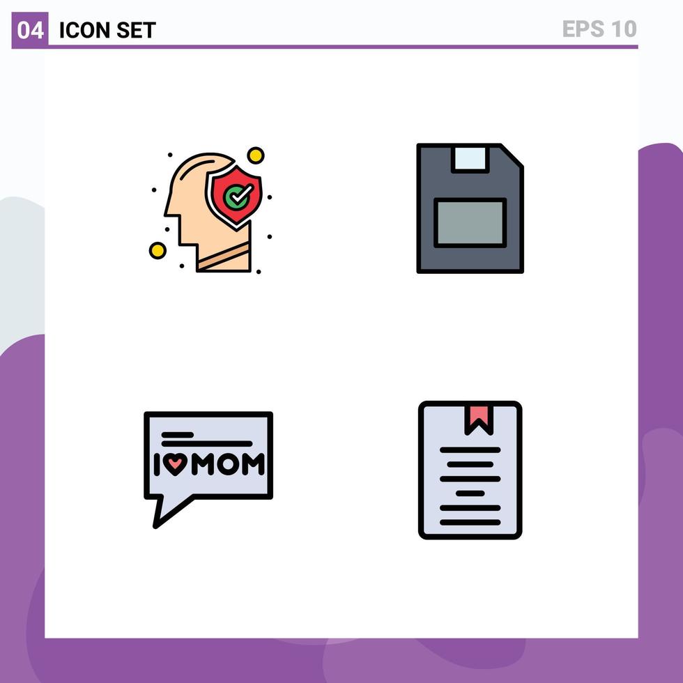 Group of 4 Modern Filledline Flat Colors Set for brain message protect memory card mom Editable Vector Design Elements