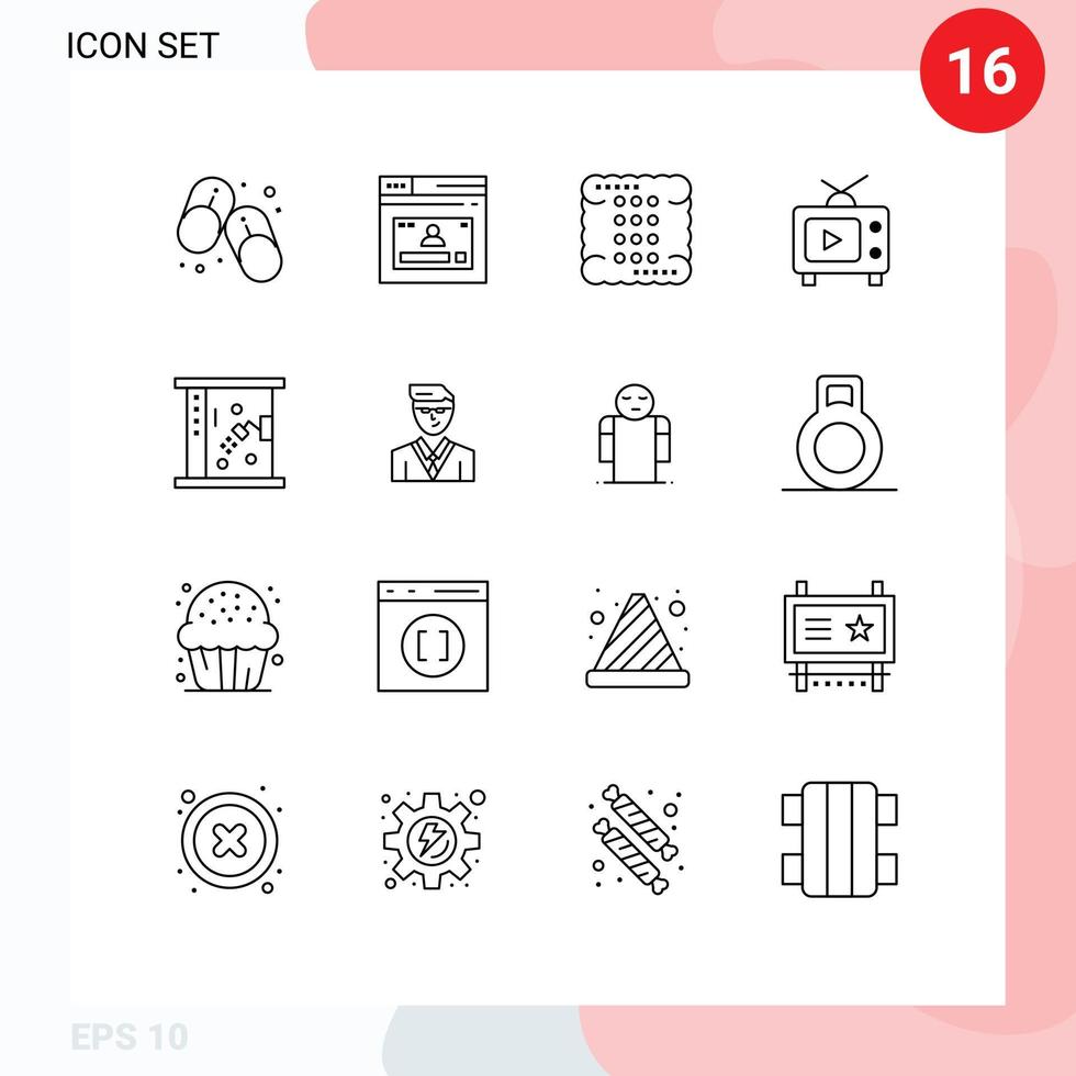 Universal Icon Symbols Group of 16 Modern Outlines of video television profile tv food Editable Vector Design Elements