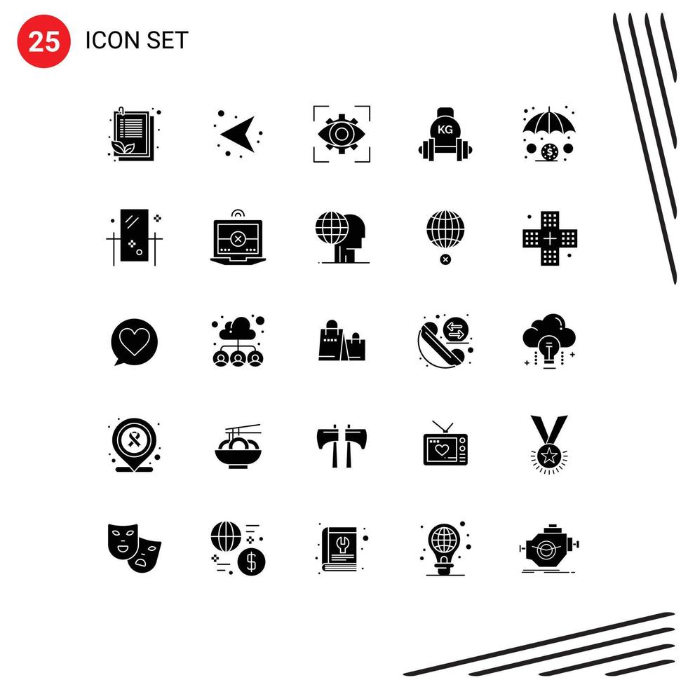Group of 25 Solid Glyphs Signs and Symbols for weight equipment eyesight dumbbell vision Editable Vector Design Elements