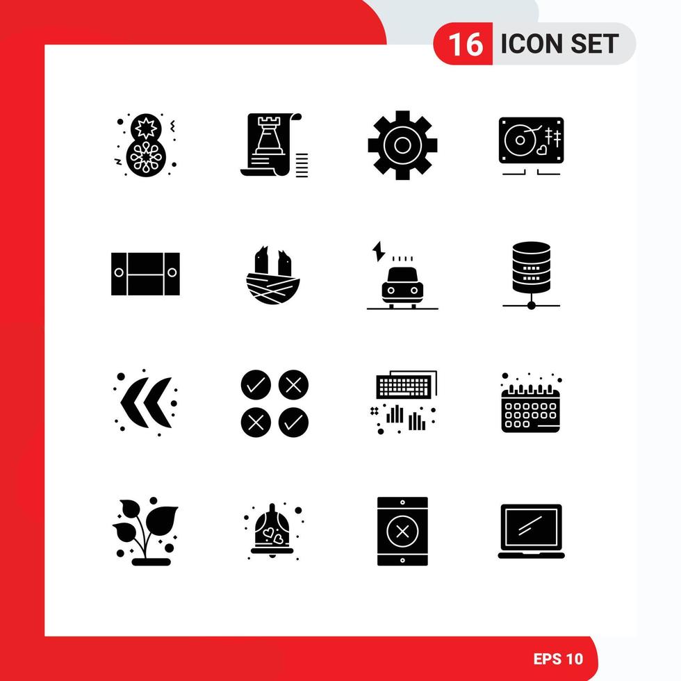 Solid Glyph Pack of 16 Universal Symbols of cabinet heart fort love multimedia Editable Vector Design Elements