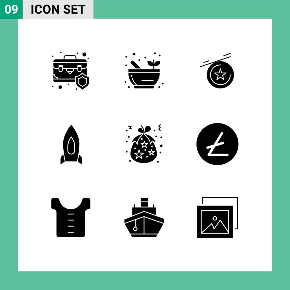 grupo universal de símbolos de iconos de 9 glifos sólidos modernos de elementos de diseño de vectores editables de aceleración de viaje de estrella de bolsa de navidad
