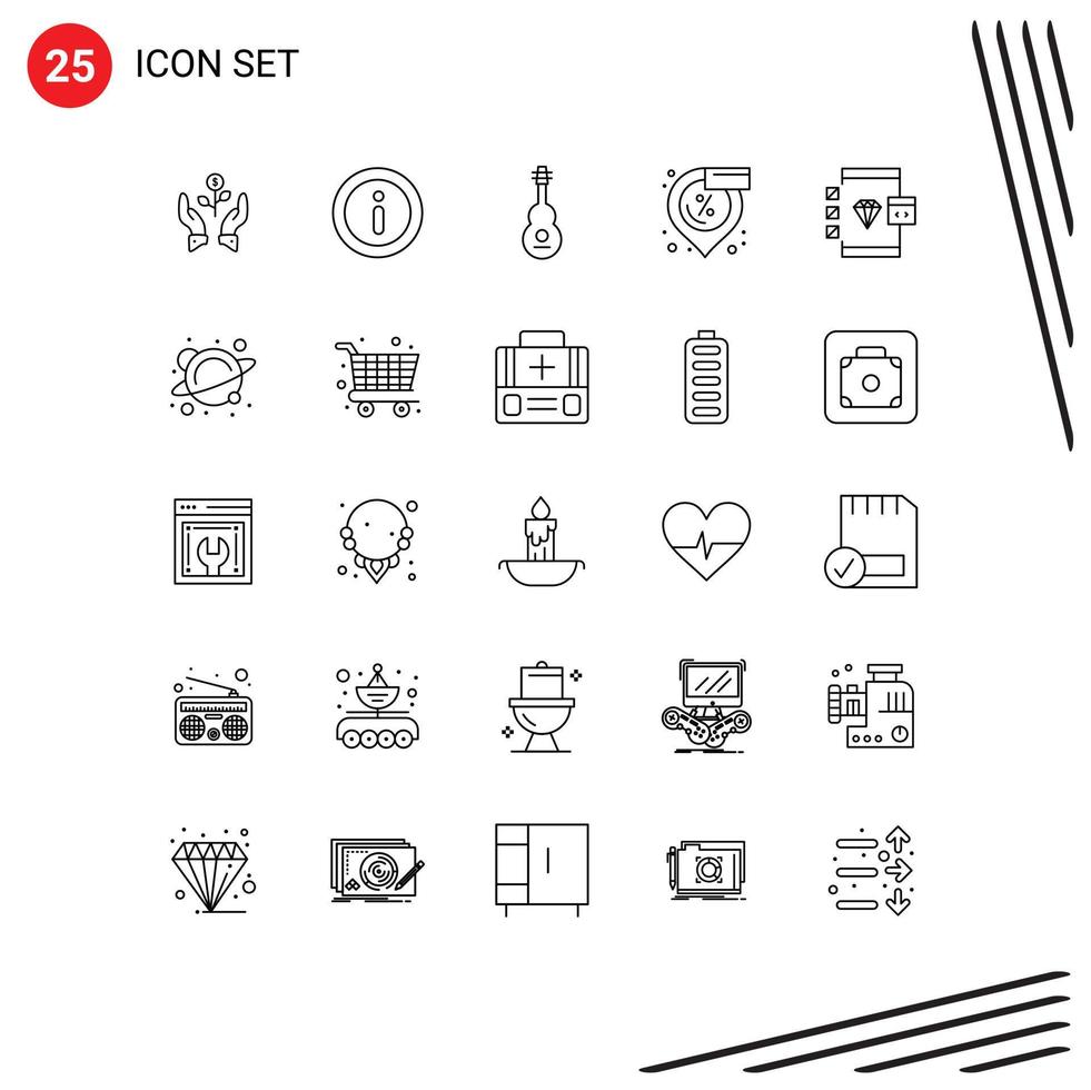 25 User Interface Line Pack of modern Signs and Symbols of sale discount information violin music Editable Vector Design Elements