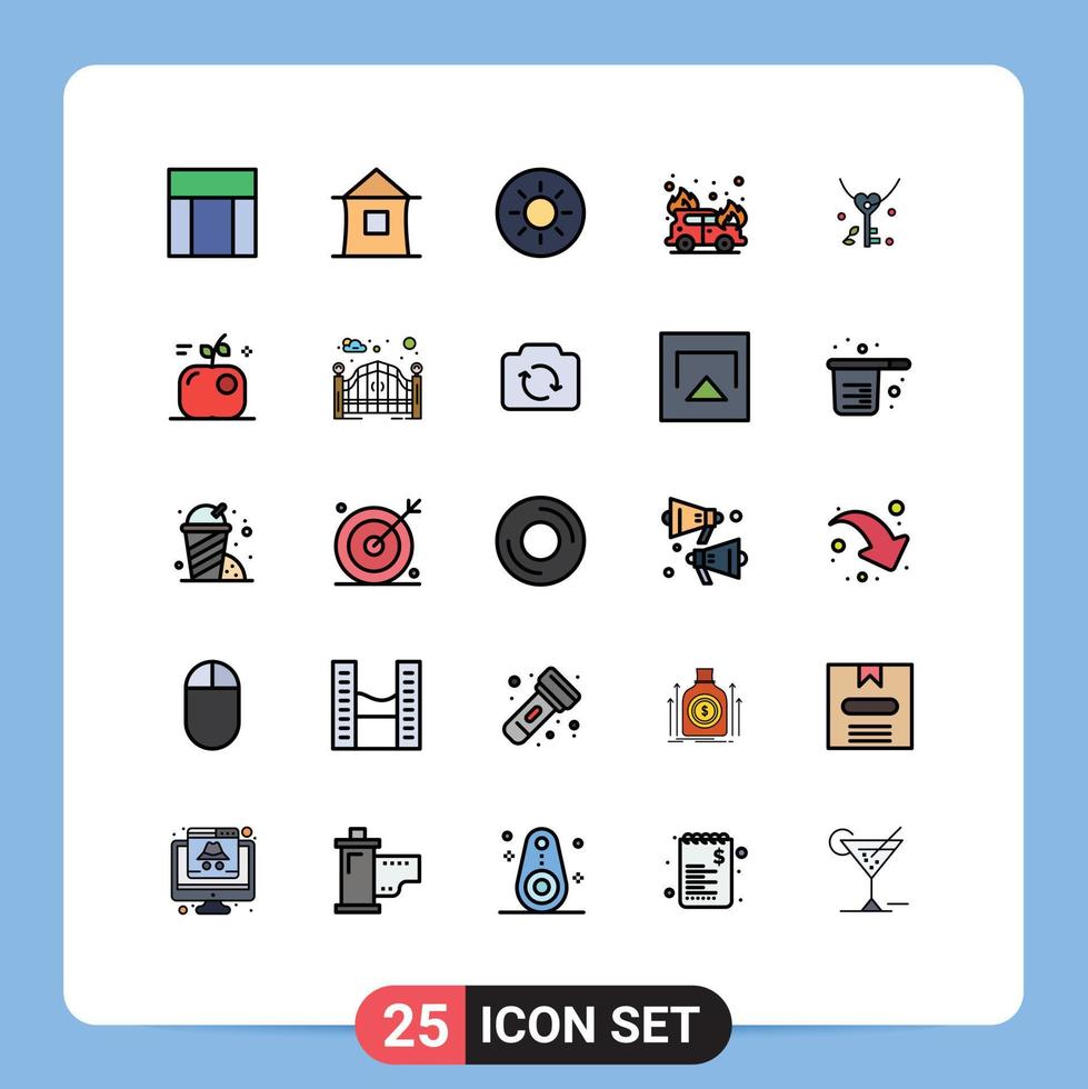 User Interface Pack of 25 Basic Filled line Flat Colors of wedding love shack key fire Editable Vector Design Elements