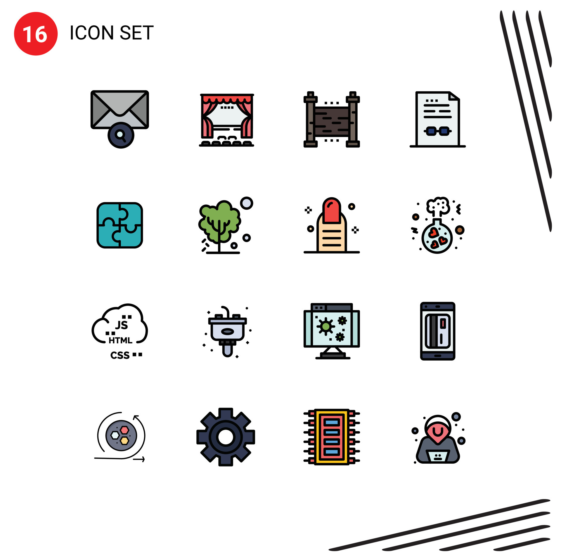 Modern Set of 16 Flat Color Filled Lines and symbols such as puzzle