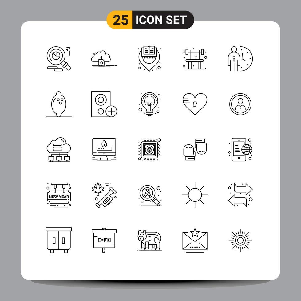 25 iconos creativos, signos y símbolos modernos de fecha límite, libro de gimnasia, banco de fitness, elementos de diseño vectorial editables vector