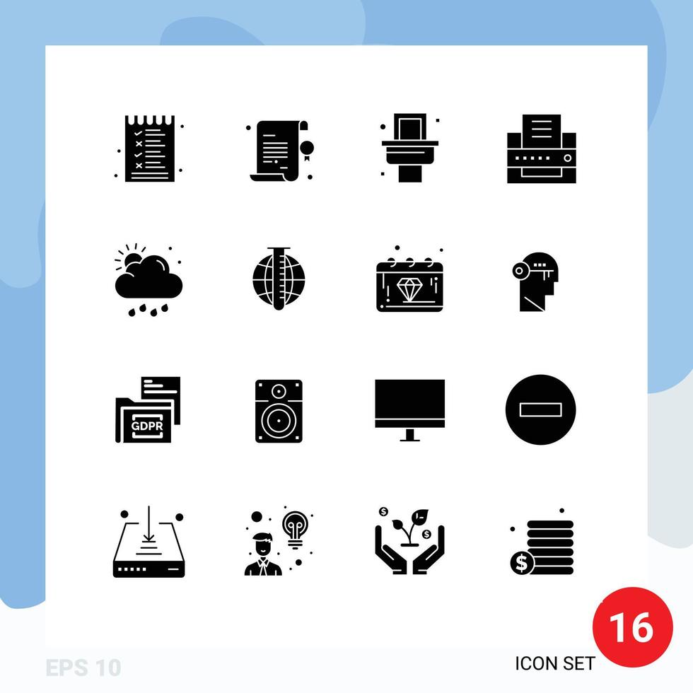 16 User Interface Solid Glyph Pack of modern Signs and Symbols of sun rain toilet cloud fax Editable Vector Design Elements