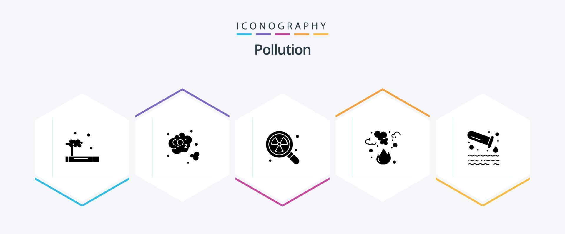 paquete de iconos de 25 glifos de contaminación, incluida la contaminación. fumar. radioactivo. polución. fuego vector