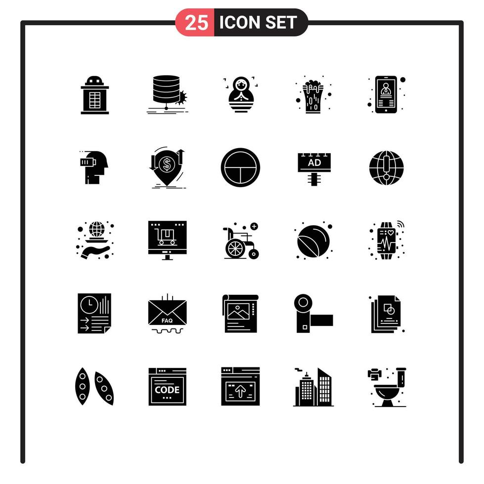 Modern Set of 25 Solid Glyphs Pictograph of phone drink baby cheers glass Editable Vector Design Elements