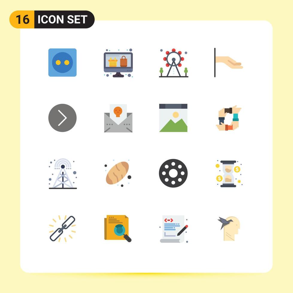 Mobile Interface Flat Color Set of 16 Pictograms of media player next holiday share alms Editable Pack of Creative Vector Design Elements