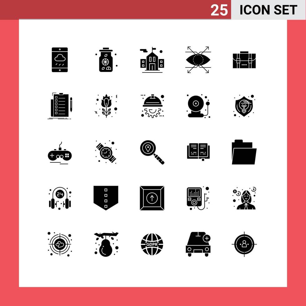 Set of 25 Vector Solid Glyphs on Grid for office bag flag backpack look Editable Vector Design Elements