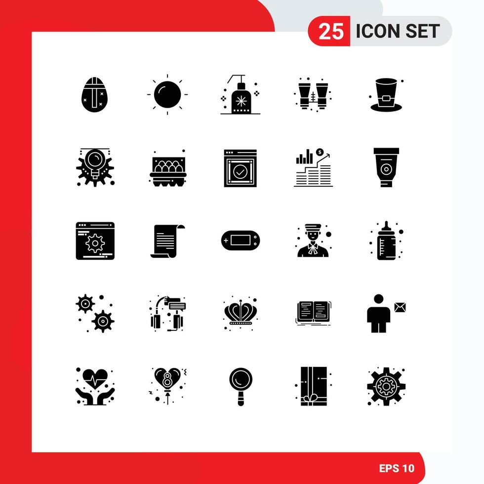 Mobile Interface Solid Glyph Set of 25 Pictograms of beer drink soap glass search Editable Vector Design Elements