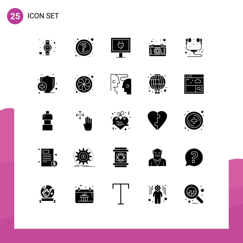 Pack of 25 creative Solid Glyphs of headset hardware internet computer lense Editable Vector Design Elements