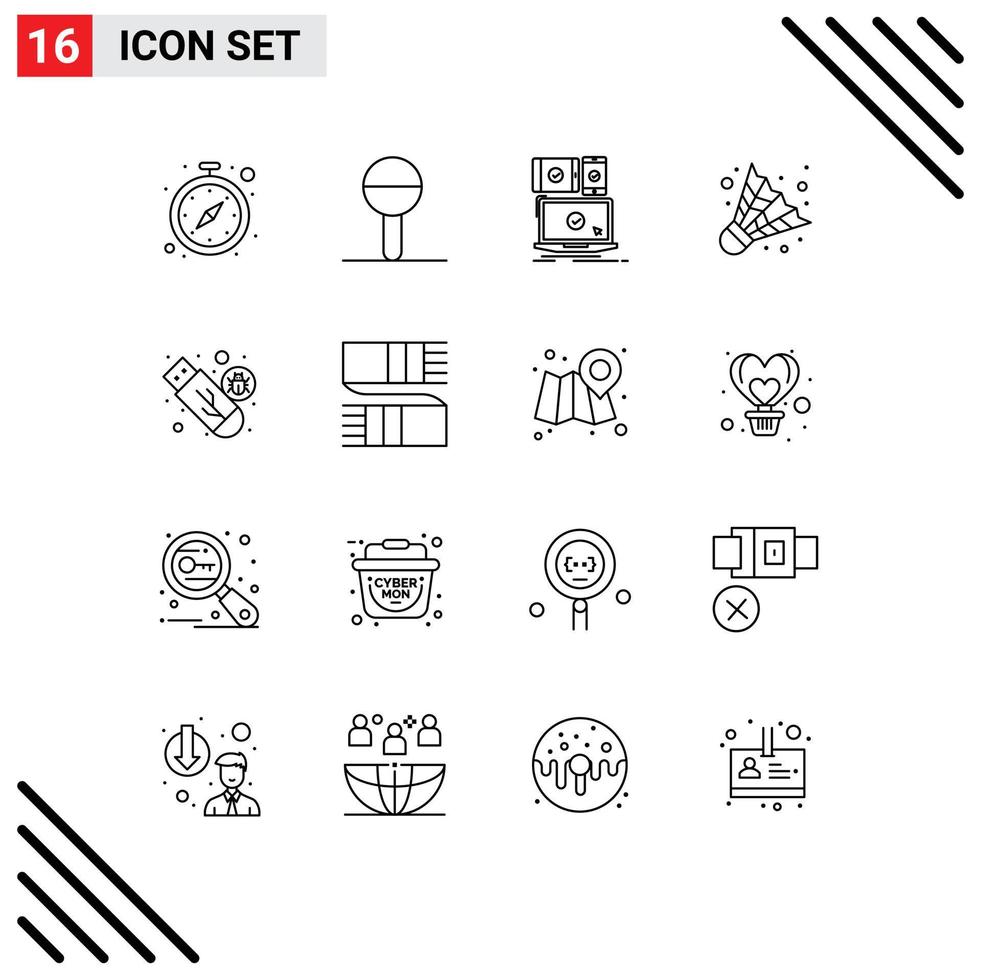 Modern Set of 16 Outlines Pictograph of malware game computer camping technology Editable Vector Design Elements