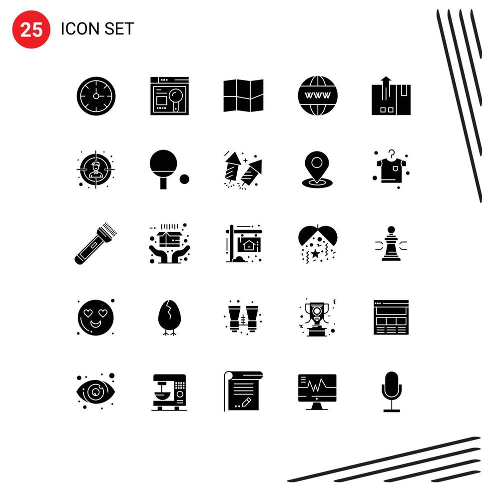 Set of 25 Commercial Solid Glyphs pack for export cargo location barcode website Editable Vector Design Elements