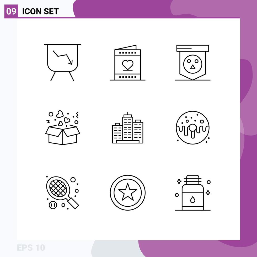 9 iconos creativos, signos y símbolos modernos de arquitectura, tablero de amor, caja de corazón, elementos de diseño vectorial editables vector