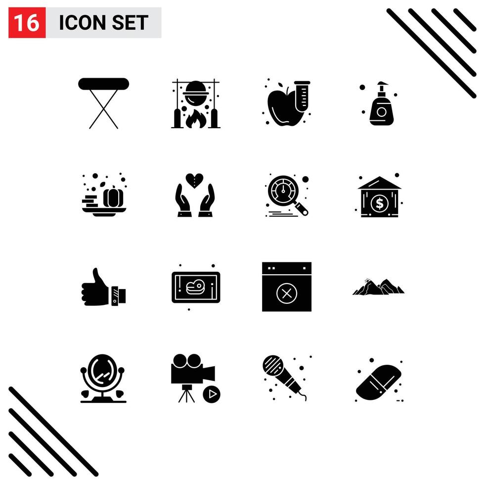 Mobile Interface Solid Glyph Set of 16 Pictograms of autumn spray cooking shower bottle apple Editable Vector Design Elements