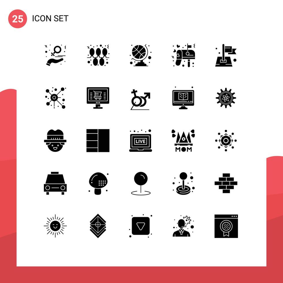 User Interface Pack of 25 Basic Solid Glyphs of pin mail holidays love box Editable Vector Design Elements