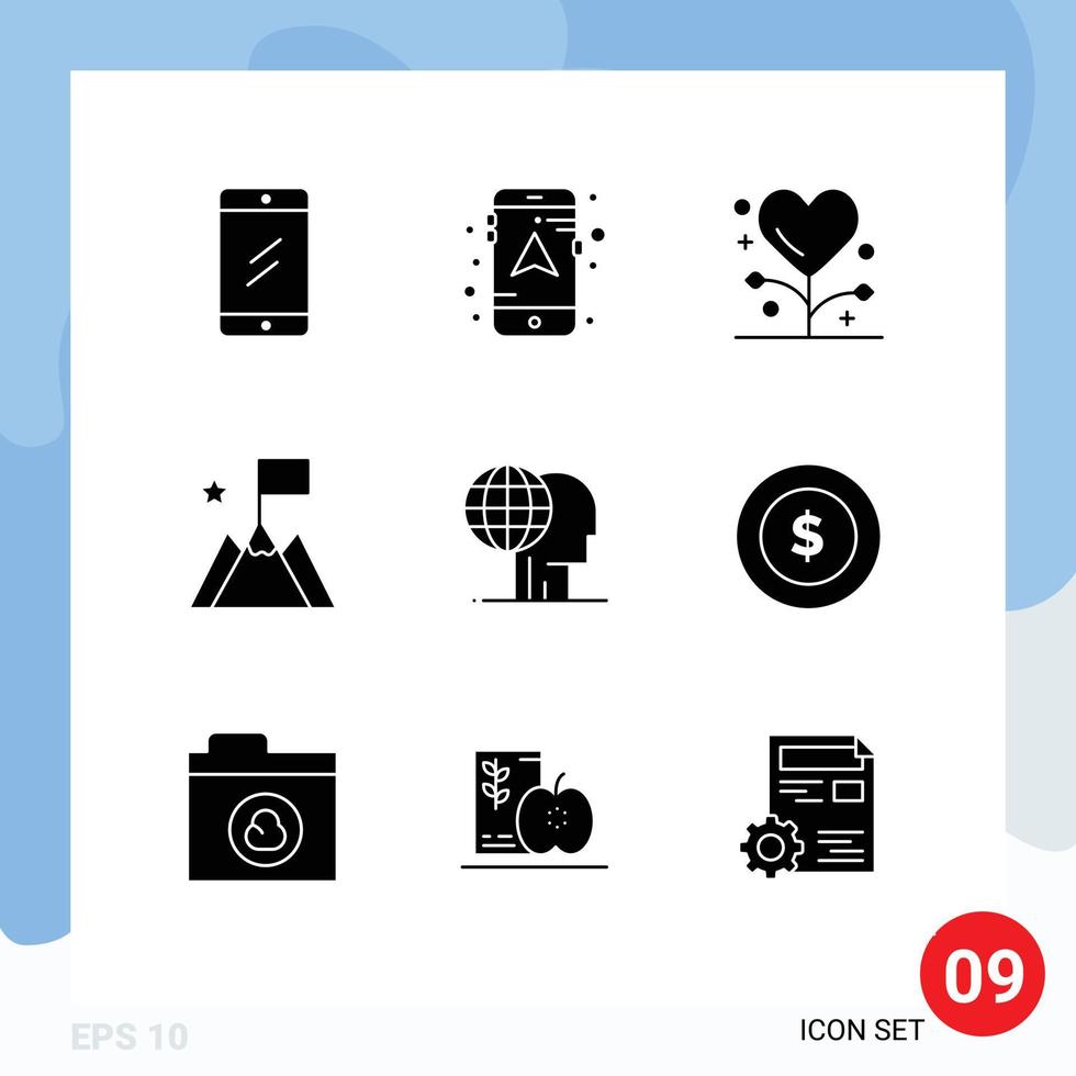 Pack of 9 Modern Solid Glyphs Signs and Symbols for Web Print Media such as finance trophy fitness success achievement Editable Vector Design Elements