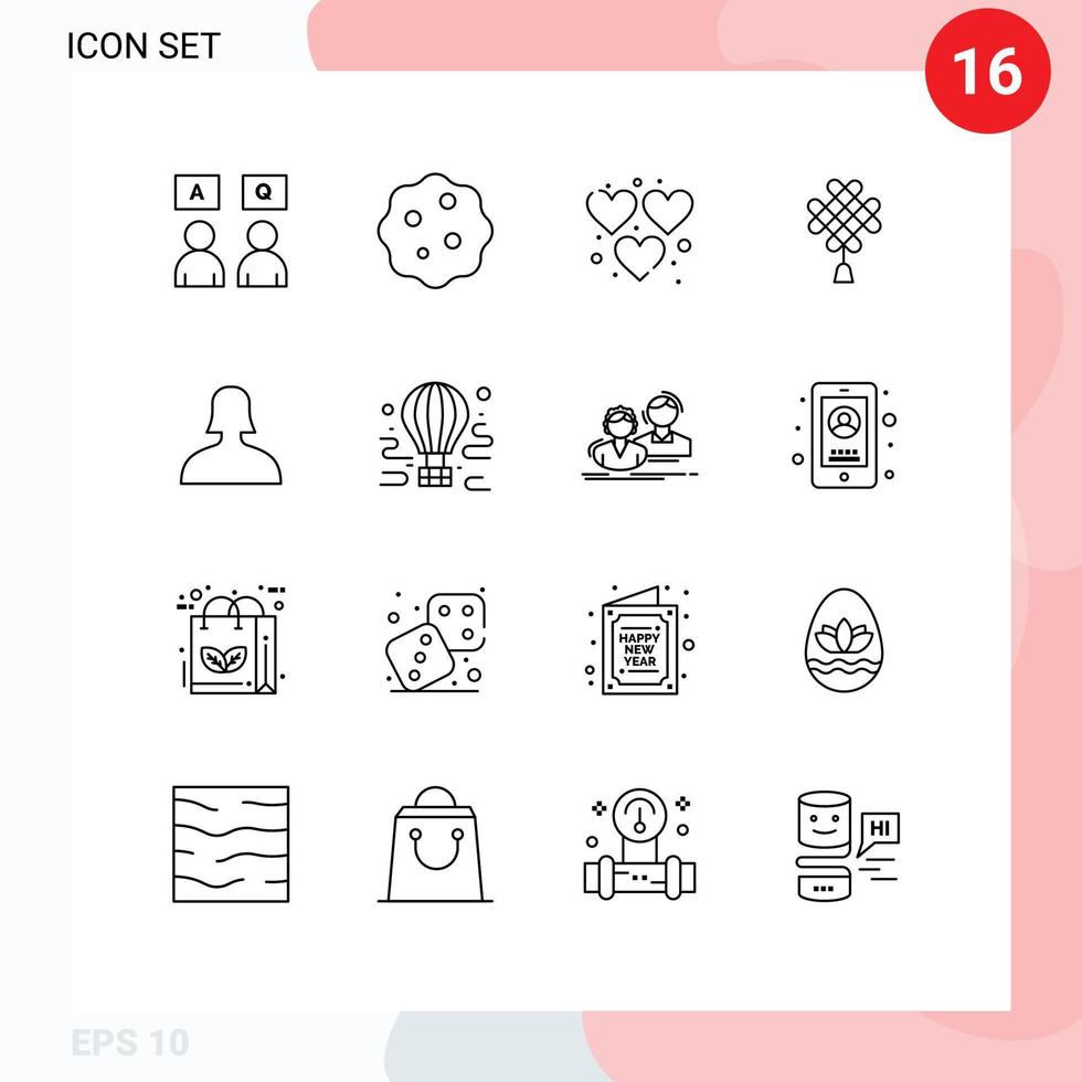 Group of 16 Modern Outlines Set for support decoration heart chinese chineseknot Editable Vector Design Elements