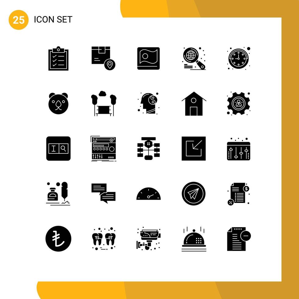Group of 25 Modern Solid Glyphs Set for watch clock bangladesh search globe Editable Vector Design Elements